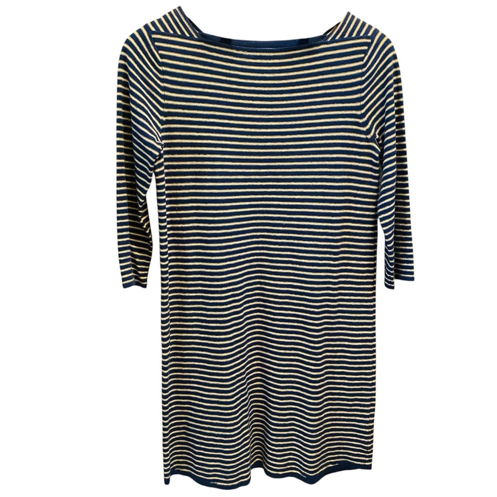 J. McLaughlin Blue and White Stripe Shift Dress Long Sleeve Cotton Linen